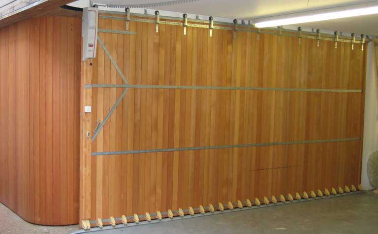 A wooden sliding garage door